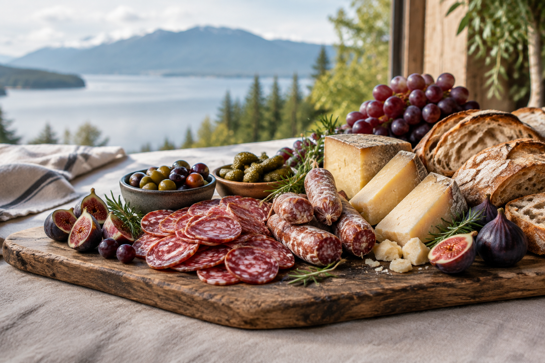 Charcuterie board with sliced dry-cured sausage, cheese, olives, fruit, and crusty bread