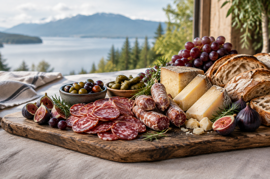 Charcuterie board with sliced dry-cured sausage, cheese, olives, fruit, and crusty bread