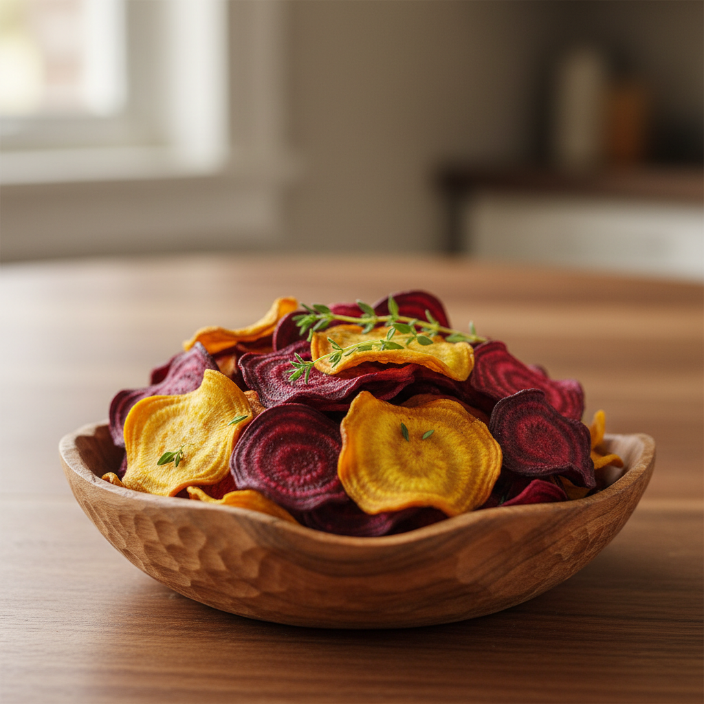 Beet Chips in Wooden Bowl