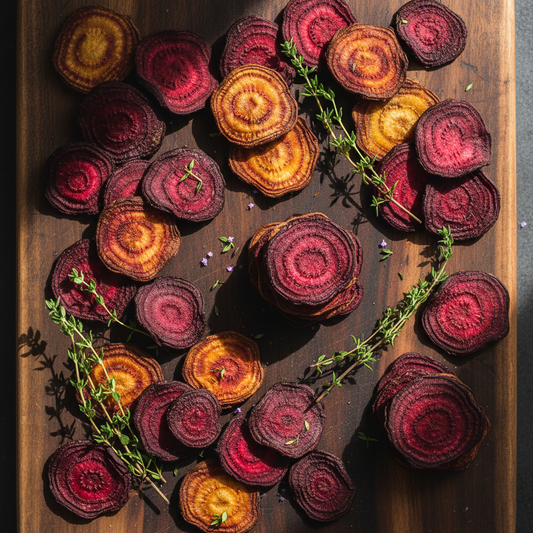 Beet Chips on Walnut Board