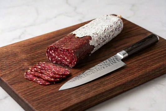 Lukanka studio photo with the knife blade facing the sausage and the handle pointing right