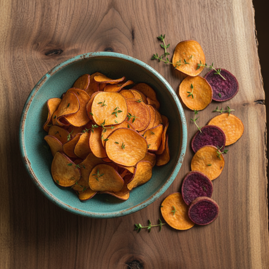 Sweet Potato Chips in Turquoise Bowl