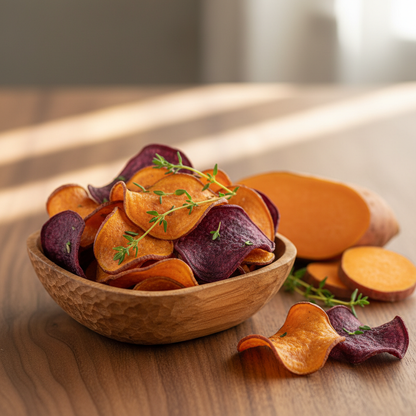 Sweet Potato Chips in Wooden Bowl