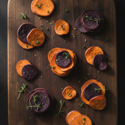 Sweet Potato Chips on Walnut Board